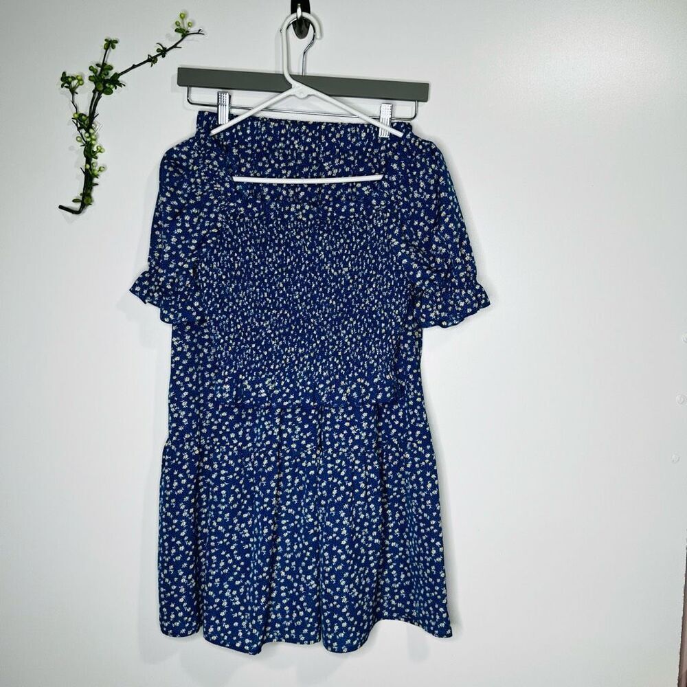 ExLura Blue Daisy Smocked Top and MIDI Skirt Set Flowers Off Shoulder Square NWT
